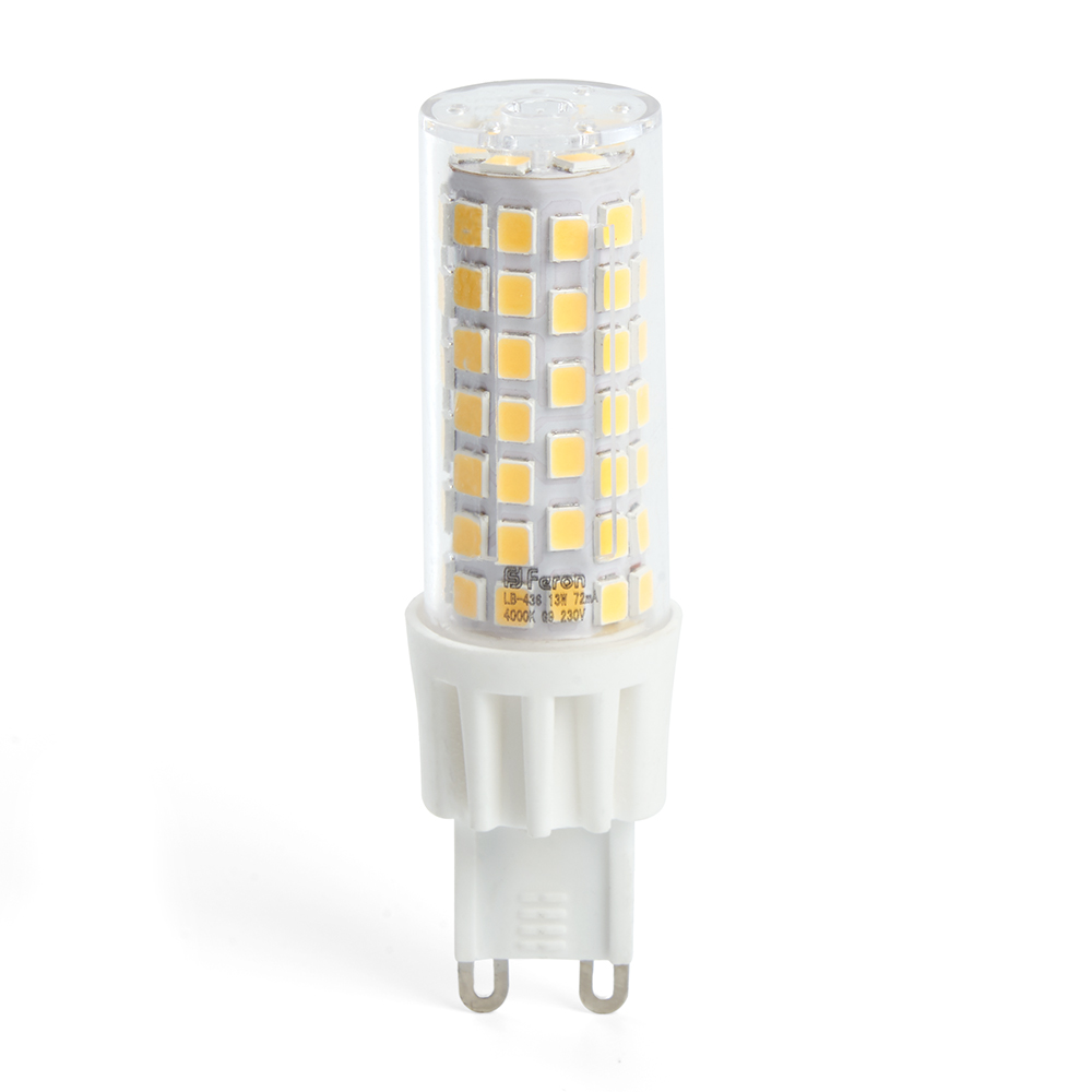 Лампа светодиодная G9, JCD9, 230В, 13Вт, 1100лм, 6400K/холодный, 80 Ra, FERON (38154)
