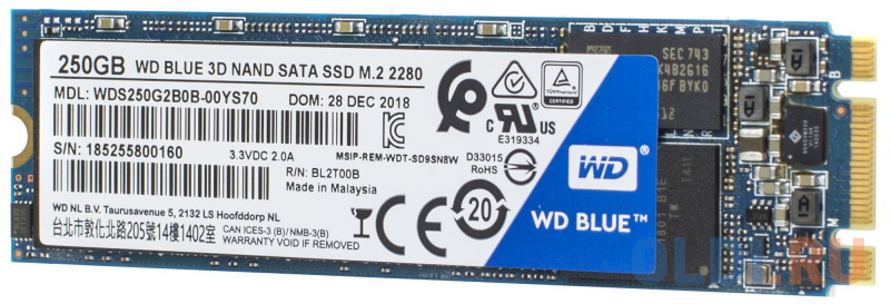 WD SSD Blue SA510, 250GB, M.2(22x80mm), SATA3, R/W 550/525MB/s, IOPs 95 000/81 000, TBW 100, DWPD 0.2 (12 мес.)