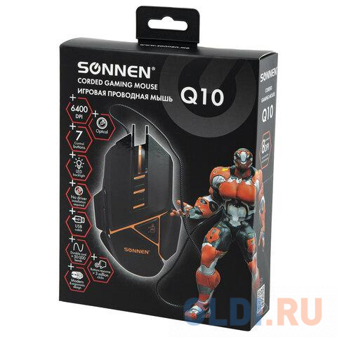 Мышь проводная игровая SONNEN Q10, 7 кнопок, программируемая, 6400 dpi, LED-подсветка, черная, 513522 в Москвe