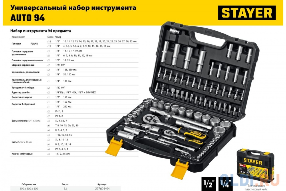 STAYER AUTO 94, 94 предм., (1/2?+1/4?), универсальный набор инструмента, Professional (27760-H94)