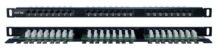 Патч-панель в шкаф 19" 0.5U, порты: 24 x RJ-45 кат. 5e, черный, Hyperline (PPHD-19-24-8P8C-C5E-110D)
