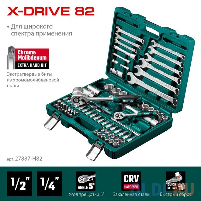 KRAFTOOL X-Drive 82, 82 предм., (1/2?+1/4?), универсальный набор инструмента (27887-H82)