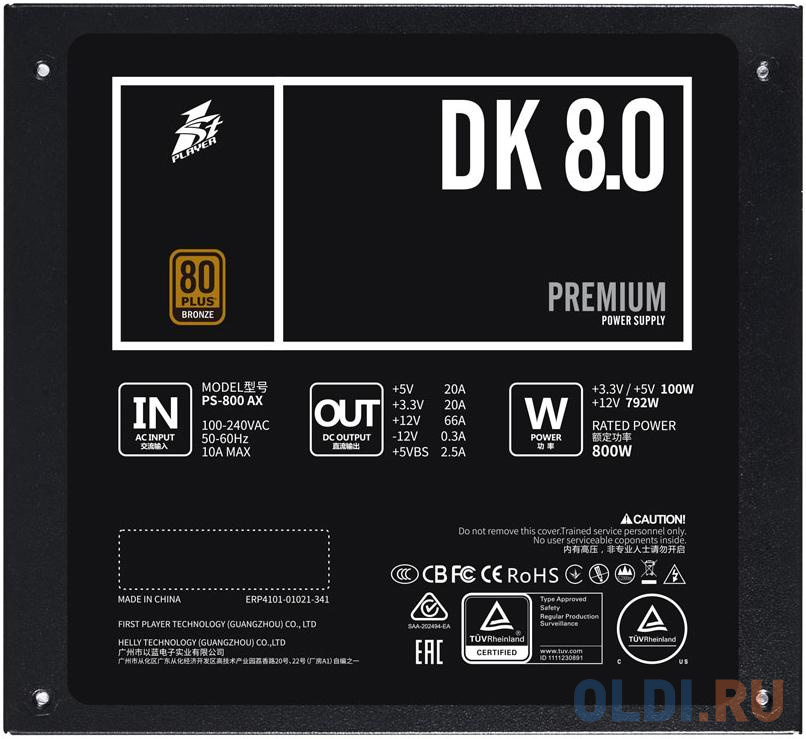 1STPLAYER Блок питания DK PREMIUM 800W / ATX 2.4, APFC, 80 PLUS BRONZE, 120mm fan / PS-800AX