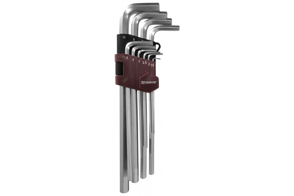 Набор имбусовых удлиненных ключей, предметов в наборе: 10шт., S2 сталь, ключи: имбусовые - 10шт., пластиковый держатель, Thorvik HKL10S (53052)