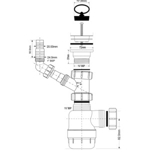 Сифон для кухонной мойки McAlpine с решеткой D70 и патрубком D40 (MRSK3) в Москвe