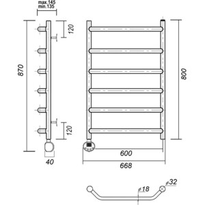 Полотенцесушитель электрический Domoterm Лаура П6 600x800 EL слева