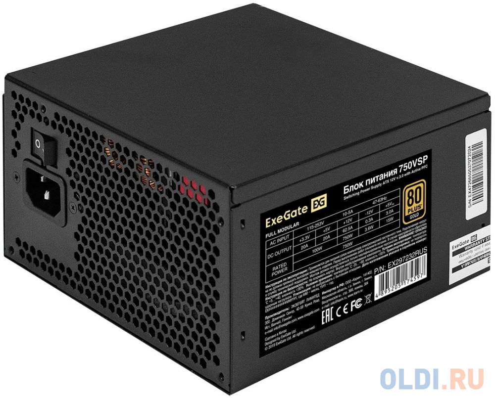 Блок питания 750W ExeGate 80 PLUS® GOLD 750VSP FС (ATX3.0, APFC, КПД 90% (80 PLUS GOLD), 120mm fan, 24pin, 2x(4+4)pin, PCIE5.0/12VHPWR, 4xPCI-E, 6xSAT