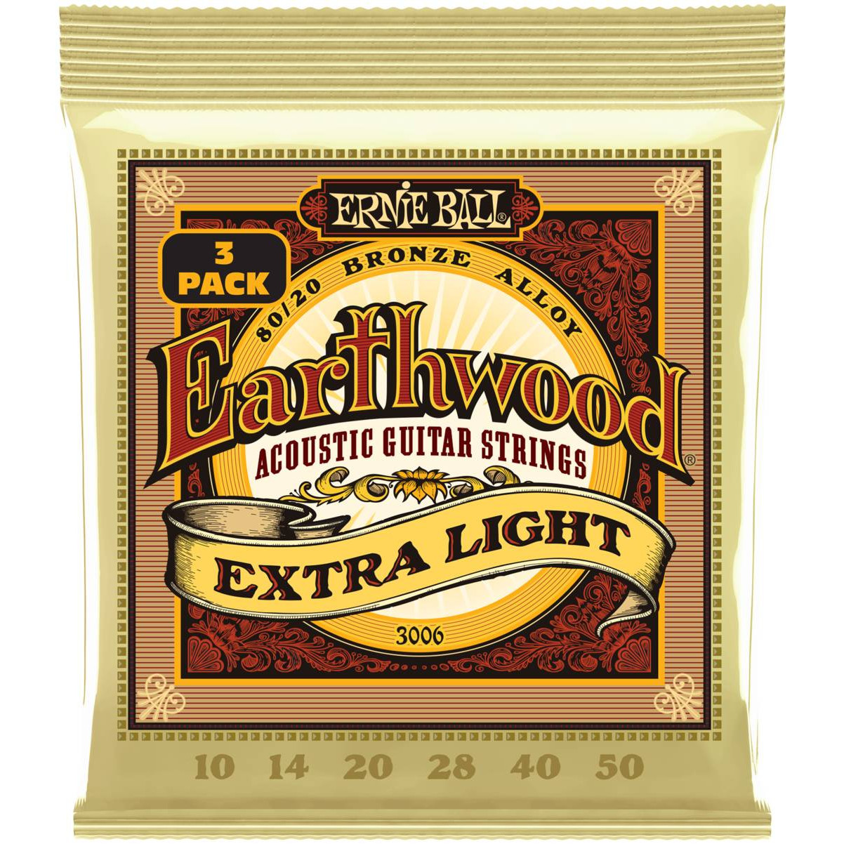 Струны ERNIE BALL 3006 Earthwood 80/20 Bronze Extra Light 3 Pack 10-50 для акустической гитары