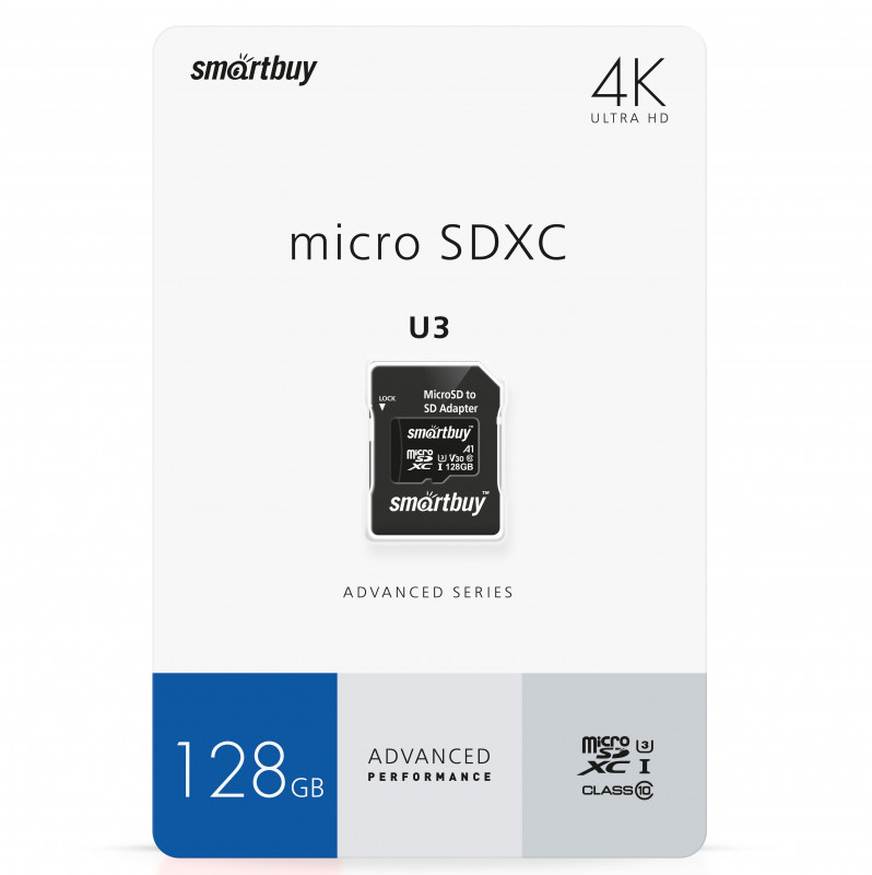 Карта памяти SmartBuy micro SDXC 128Gb Advanced Series UHS-I U3 V30 A1 + ADP (90/55 Mb/s)