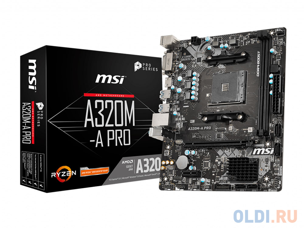 Материнская плата MSI A320M-A PRO <AM4, AMD A320, 2xDDR4, PCI-Ex16, PCI-Ex1, DVI, HDMI, SATAIII+RAID, M.2, GBLan, USB 3.2, mATX, Retail>