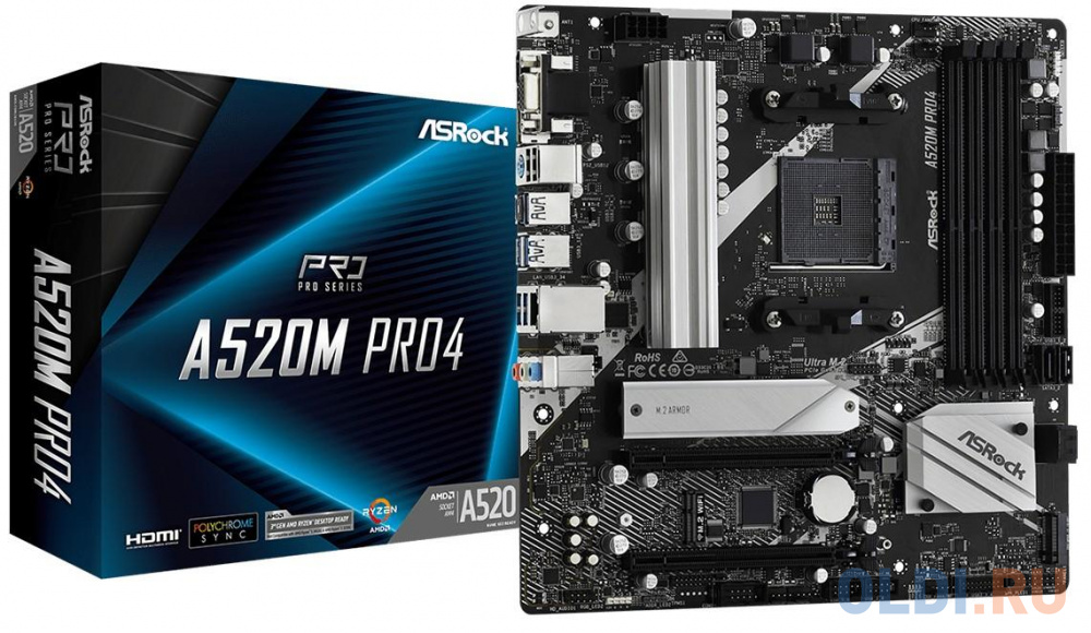 Материнская плата ASRock A520M PRO4 Socket AM4 AMD A520 4xDDR4 2xPCI-E 16x 4 mATX Retail