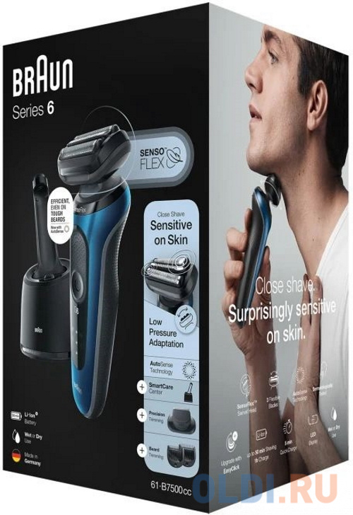 Бритва сетчатая Braun Series 6 61-B7500CC реж.эл.:3 питан.:аккум. синий