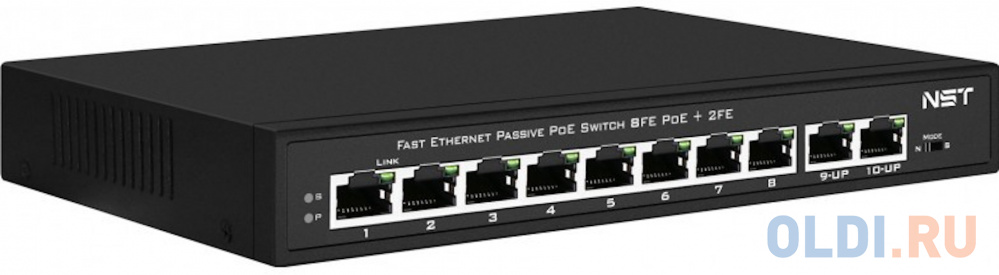 Passive PoE коммутатор Fast Ethernet на 10 портов. Порты: 8 х FE (10/100 Base-T, 52V 4,5(+) 7,8(–)) совместимы с PoE (IEEE 802.3af/at), 2 x FE (10/100