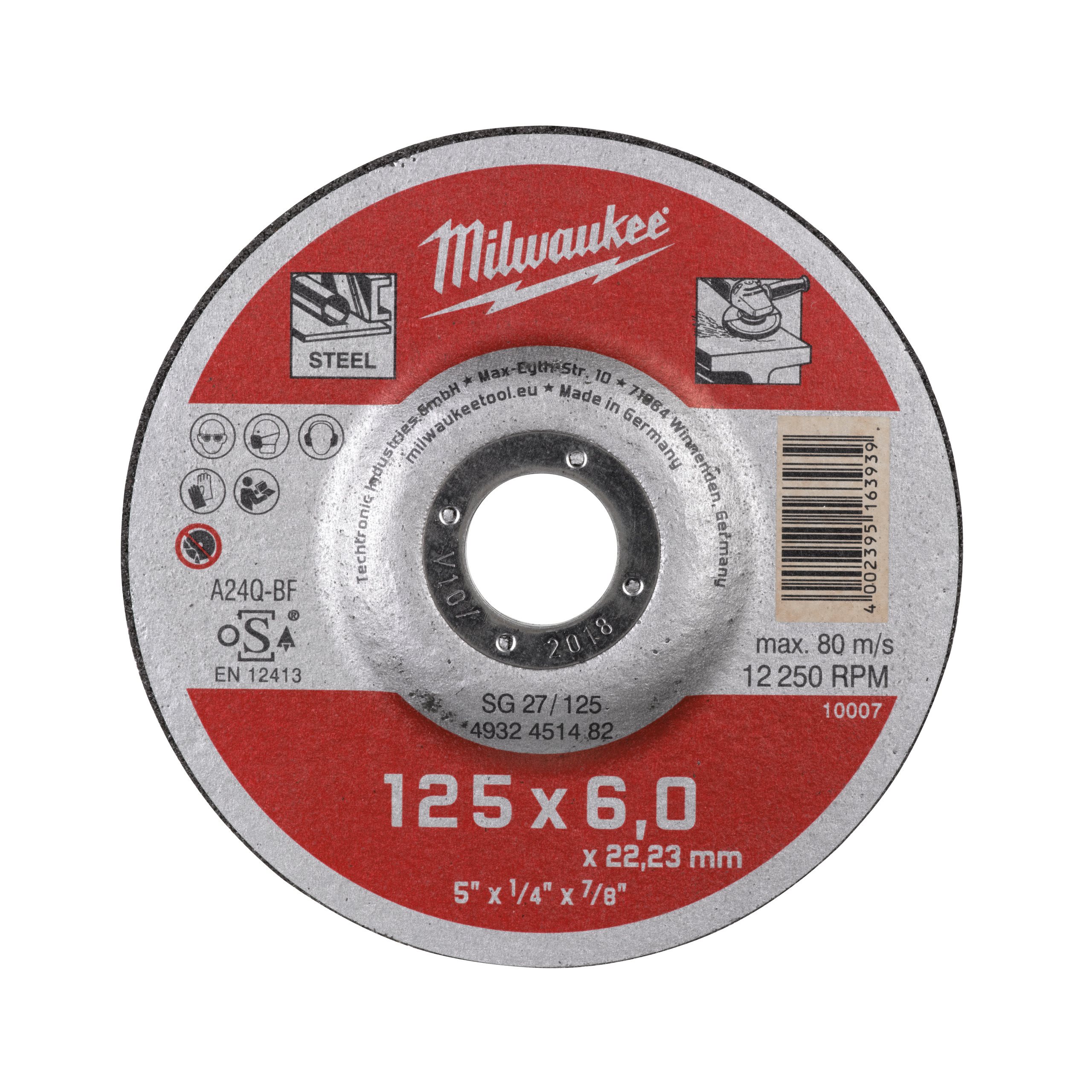 Диск шлифовальный Milwaukee SG27 ⌀12.5 см x 6 мм x 22,23, 1 шт., по тонкой стали (4932451482)