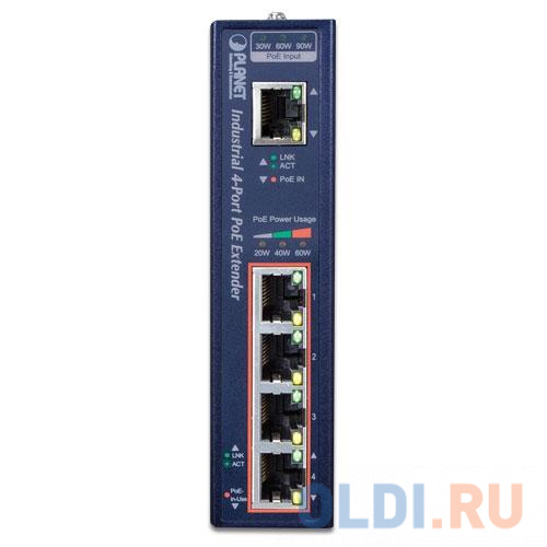 IP30 Industrial 1-Port 60W Ultra POE to 4-Port 802.3af/at Gigabit POE Extender (-40 to 75 C) в Москвe