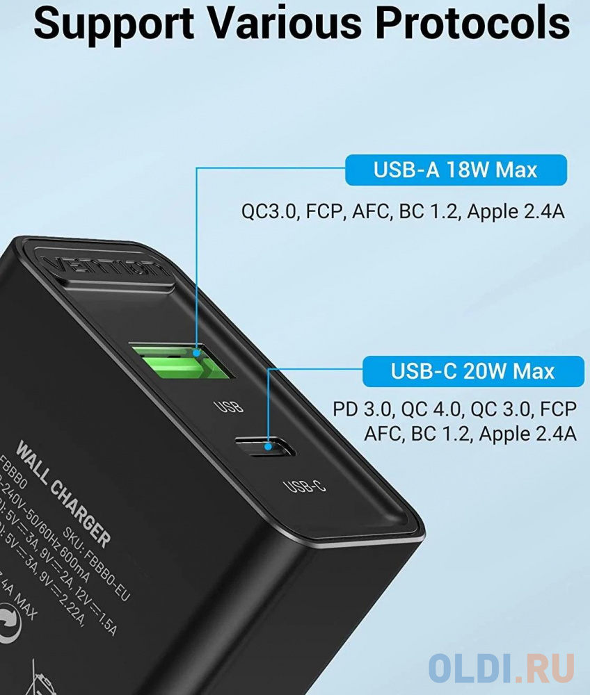 Vention 2-port USB(A+C) Wall Charger (18W/20W) EU-Plug Black