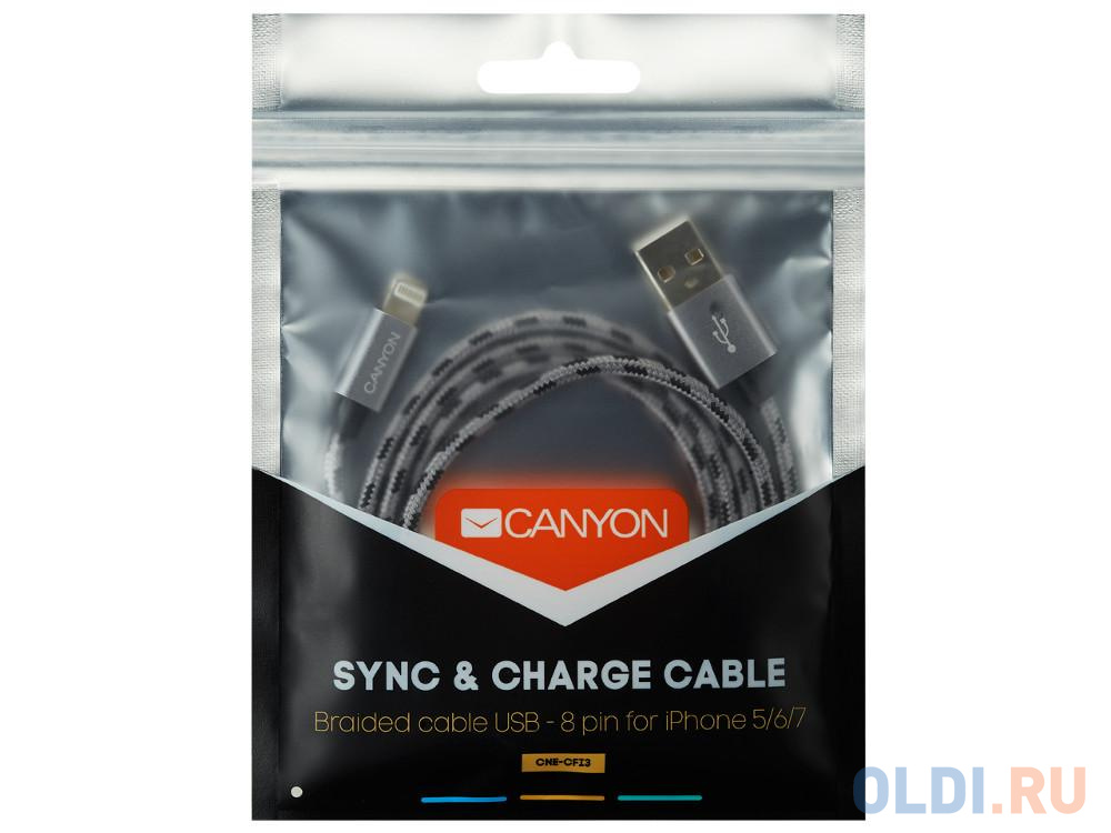 Кабель Lightning 1м Canyon CNE-CFI3DG круглый серый