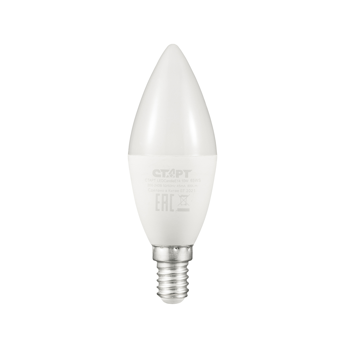 Лампа светодиодная E14 свеча, 10 Вт, 6500 K / холодный свет, 800лм, 220 В, СТАРТ (4610116202654)