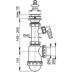 Сифон для кухонной мойки AlcaPlast с решеткой D70 и штуцером (A441P-DN50/40)