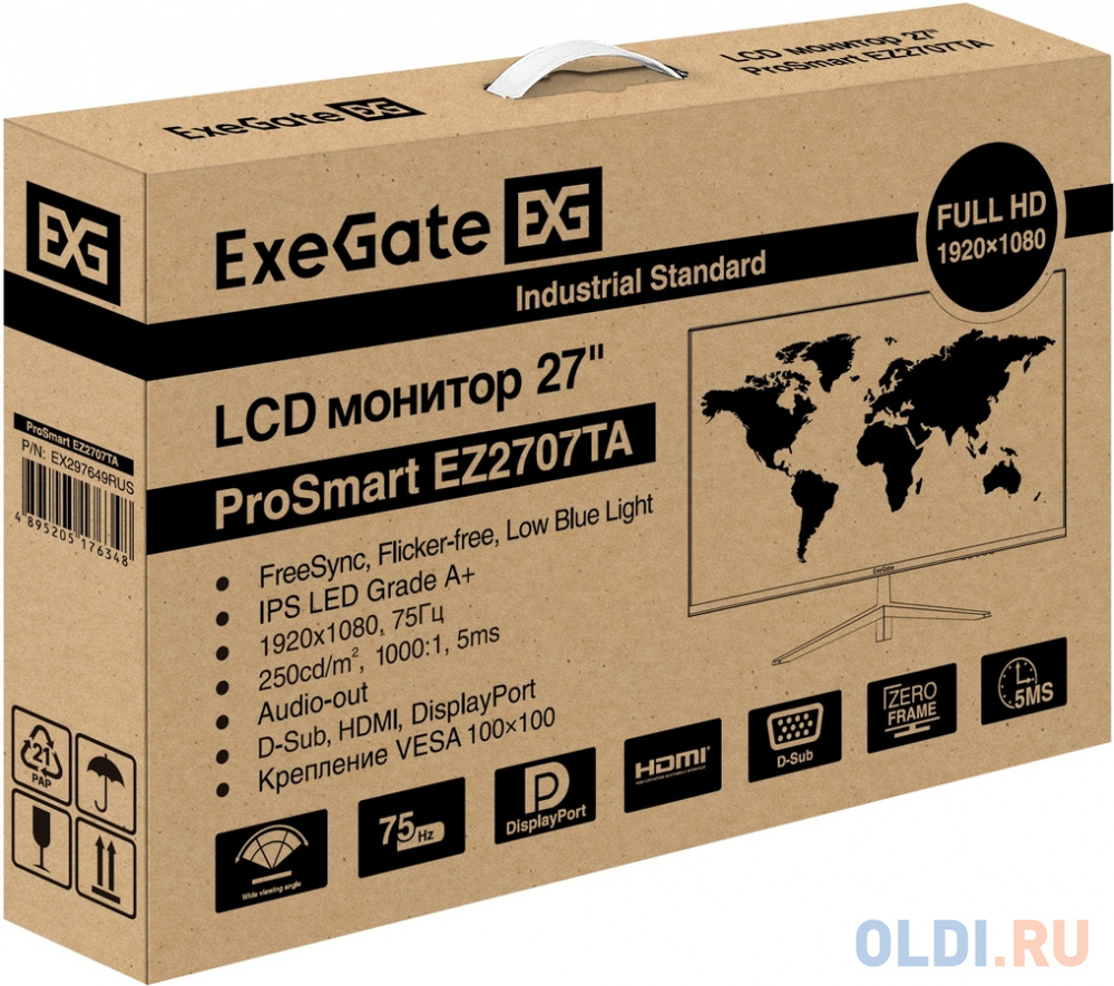 LCD ExeGate 27" EZ2707TA ProSmart {IPS 1920x1080 75Hz 5ms 250cd 1000:1 178/178 D-Sub HDMI DisplayPort VESA} [EX297649RUS] в Москвe