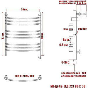 Полотенцесушитель электрический Ника Arc ЛД Г2 80/50 ТЭН справа в Москвe