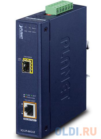 PLANET IGUP-805AT Industrial 1-Port 100/1000X SFP to 1-Port 10/100/1000T 802.3bt PoE++ Media Converter (802.3bt Type-4, PoH, Legacy, Force mode suppor