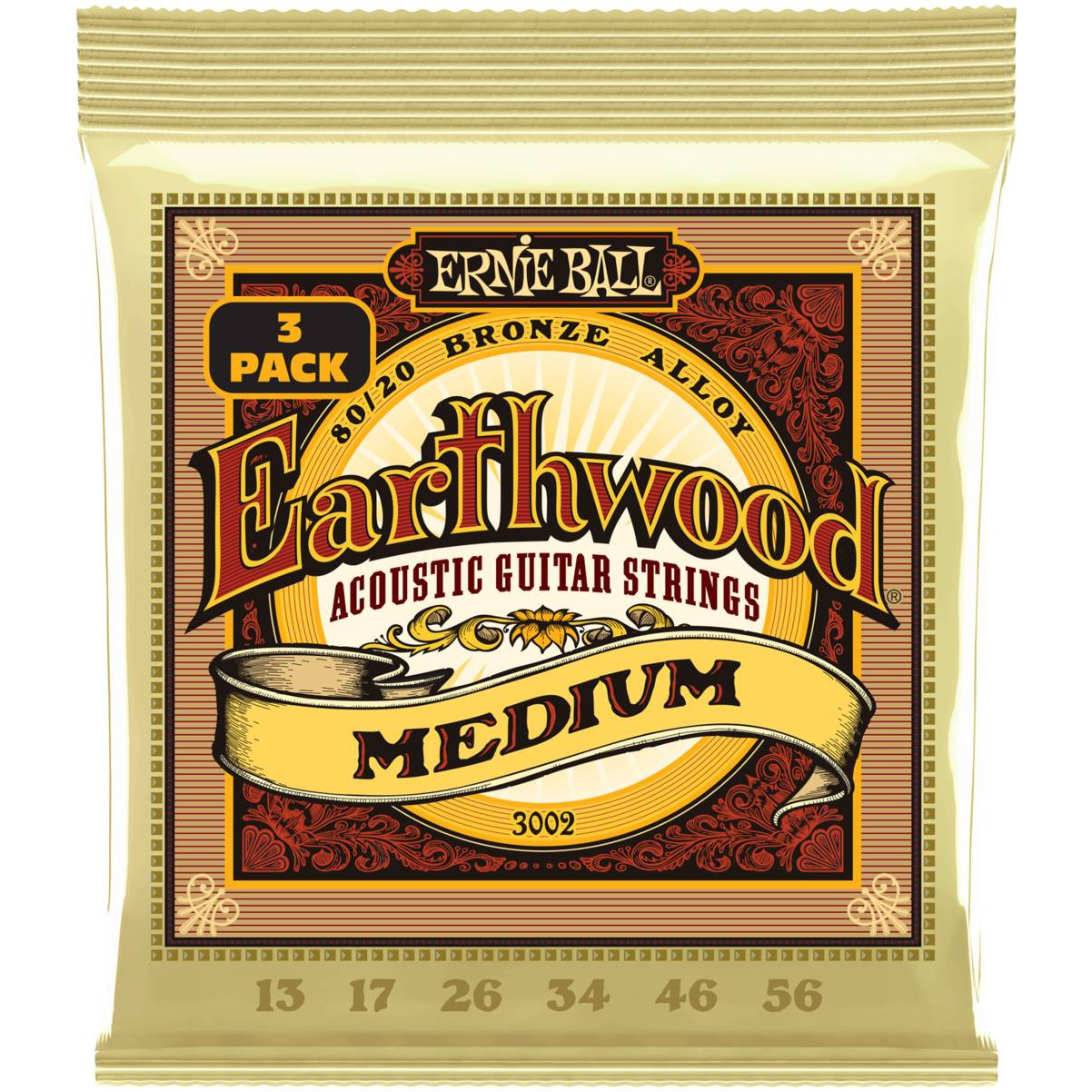 Струны ERNIE BALL 3002 Earthwood 80/20 Bronze Medium 3 Pack 13-56 для акустической гитары