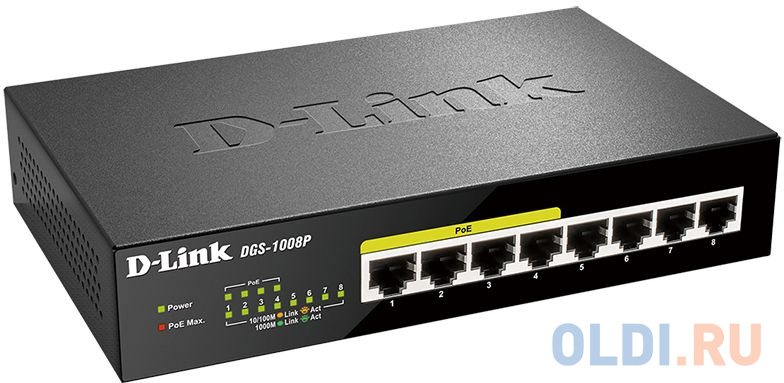 Коммутатор D-Link DGS-1008P/F1A 8G 4PoE+ 80W неуправляемый