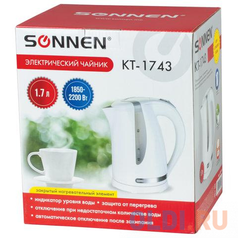 Чайник SONNEN KT-1743, 1,7 л, 2200 Вт, закрытый нагревательный элемент, пластик, белый, 453414 в Москвe