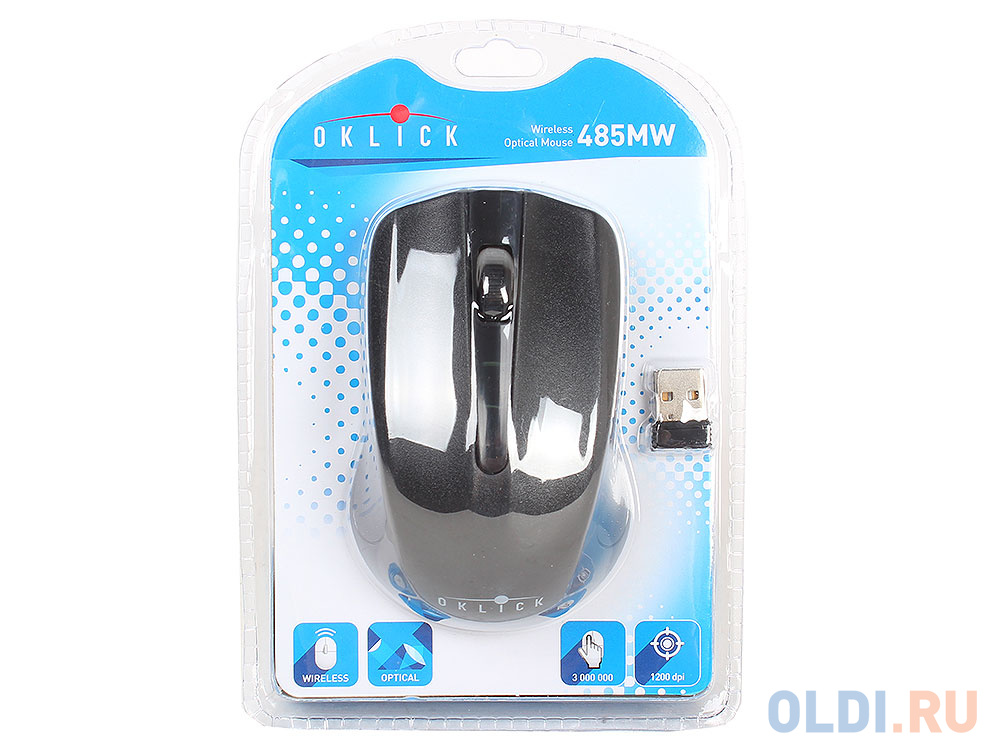 Мышь Oklick 485MW black optical (1200dpi) cordless USB (2but)