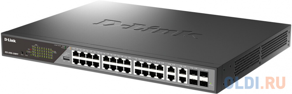 D-Link Smart L2 Surveillance Switch 24х1000Base-T PoE (8 PoE ports 802.3bt 90W), 4xCombo 1000Base-T PoE/SFP, PoE Budget 518W, Long-range PoE up to 250