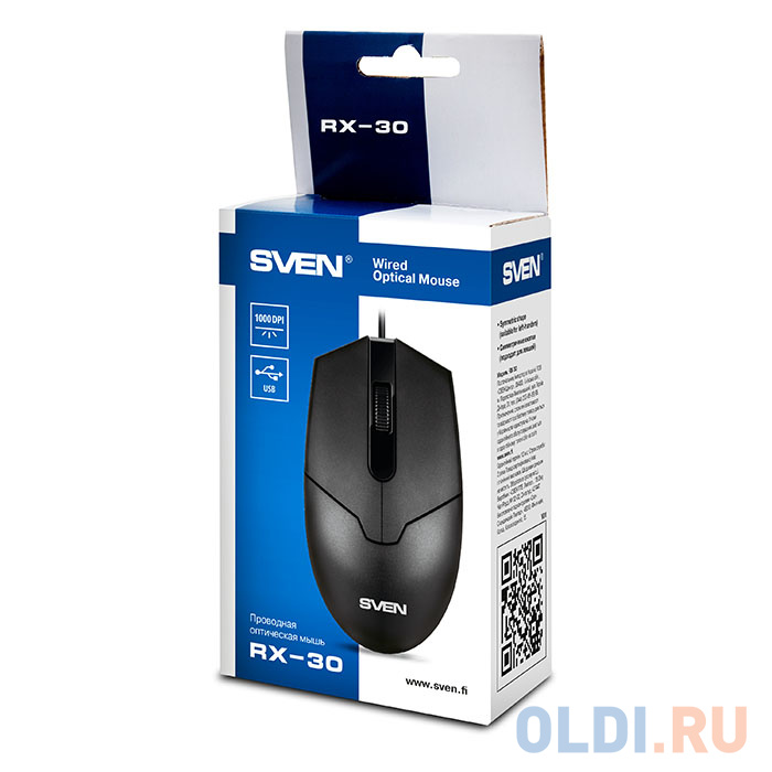 Мышь SVEN RX-30 USB чёрная, 2+1кл. 1000DPI, цвет. картон, кабель 2м.