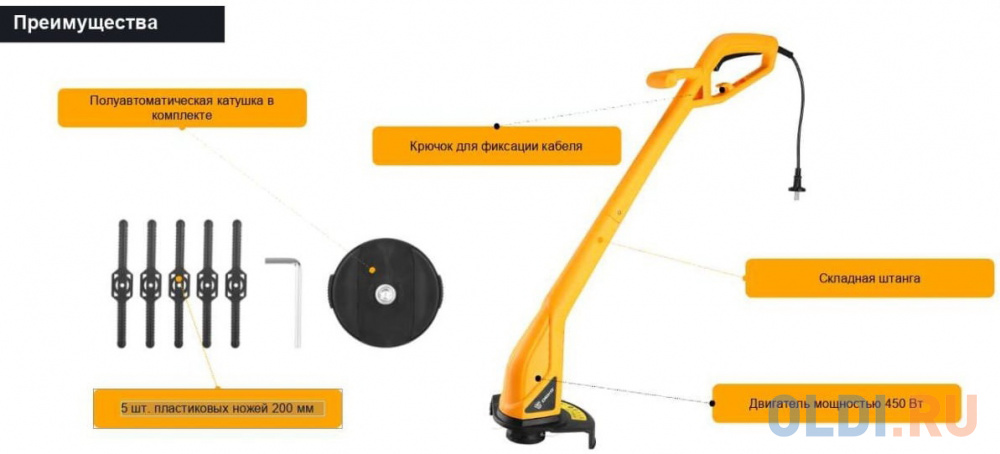 Триммер электрический Deko DKTR450 450Вт разбор.штан. реж.эл.:леска упак.:1шт. в Москвe