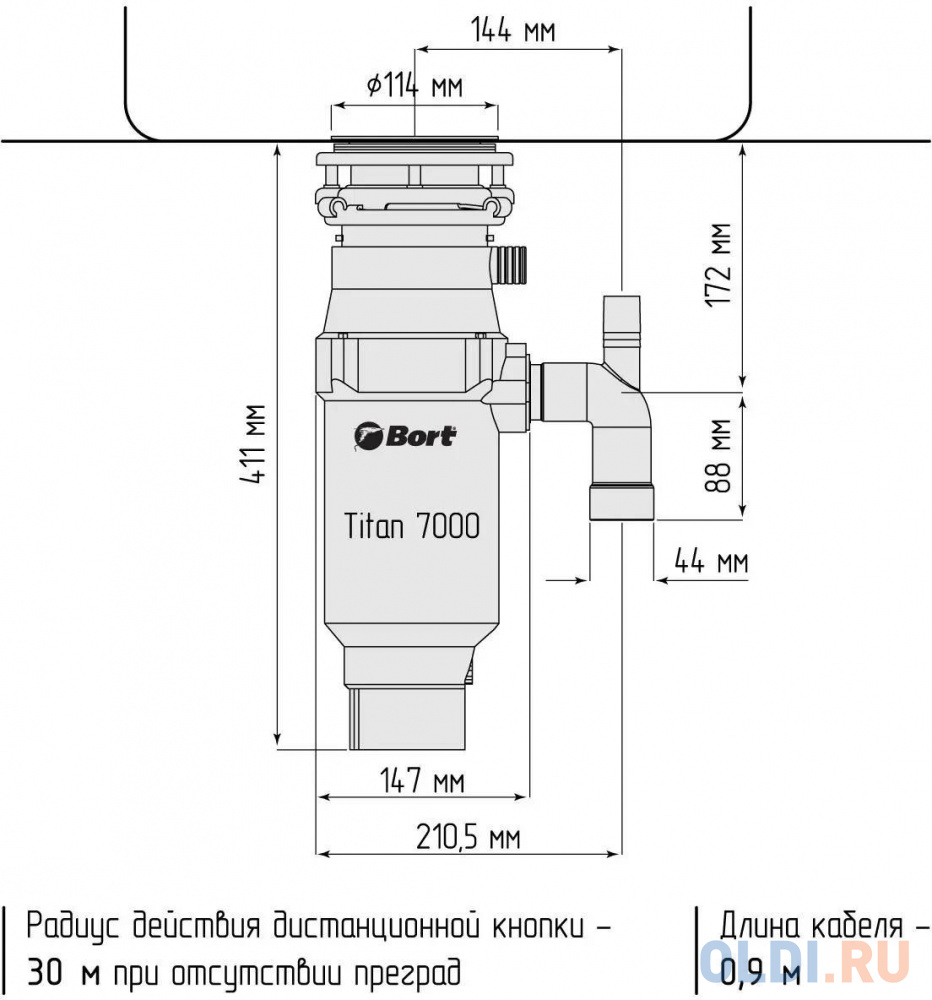 Bort Измельчитель пищевых отходов TITAN 7000  {Мощность л.с. 1 ; 780 Вт; 3,2 кг/мин; 3600 об/мин; 1000 мл; Металл ; набор аксессуаров 6 шт} [93413519] в Москвe