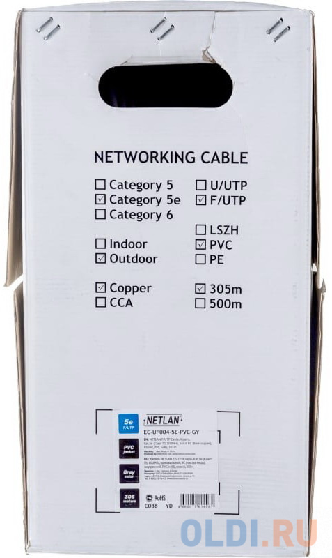 Кабель NETLAN EC-UF004-5E-PVC-GY F/UTP 4 пары, Кат.5e (Класс D), 100МГц, внутренний, PVC нг(B), серый, 305м в Москвe