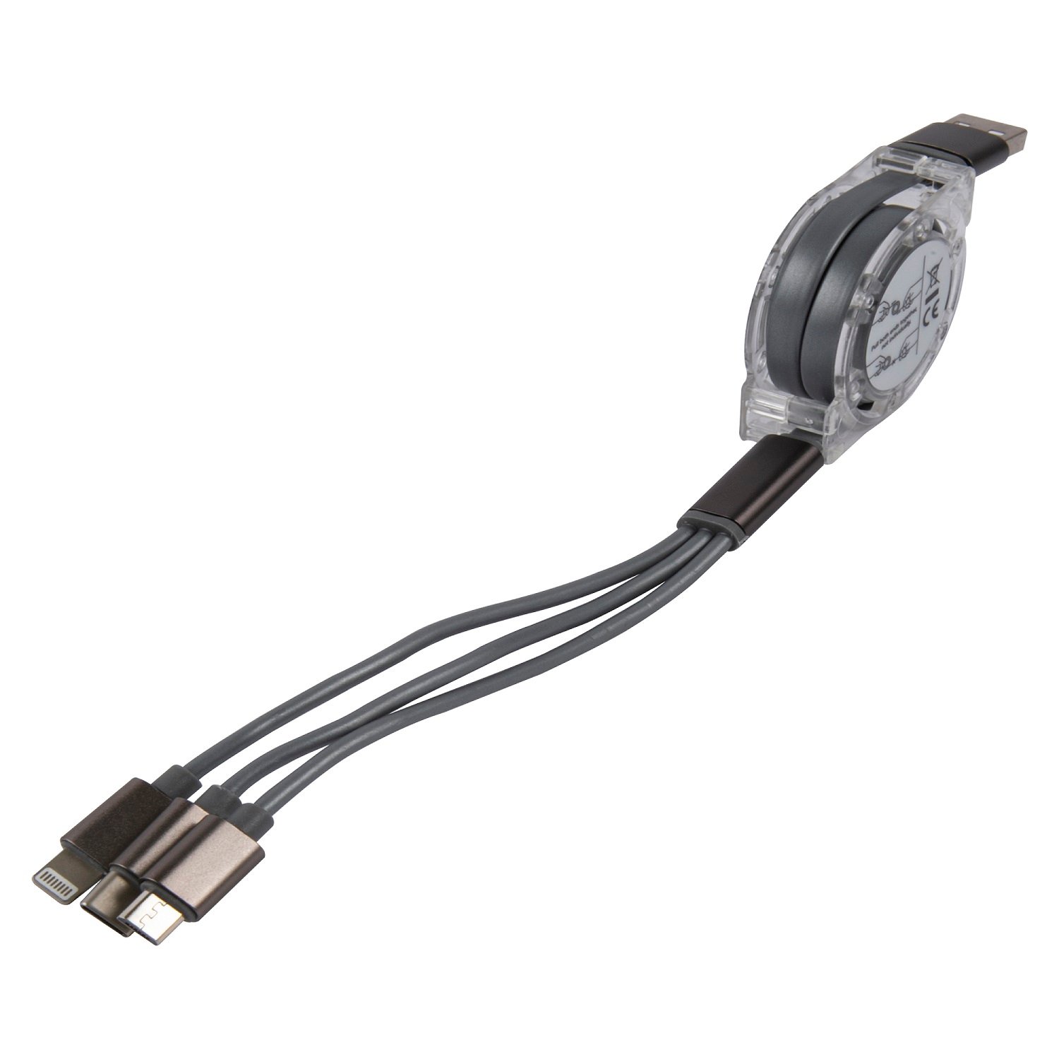 Дата-кабель mObility 3в1 рулетка, USB – microUSB + Lightning + Type-C, 2A, серебристый УТ000024626