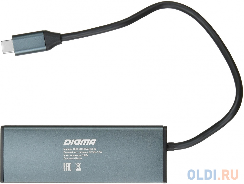 Разветвитель USB Type-C Digma HUB-2U3.0СAU-UC-G 2 х USB 3.0 USB Type-C 2 x mini-jack 3,5мм серый