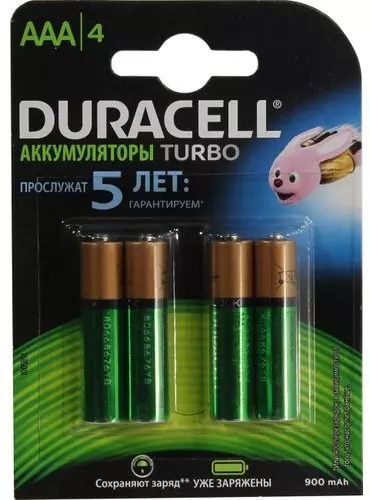 Аккумулятор Duracell, AAA, HR03, 1.2V 900 мА·ч, 4 шт. (DX2400-4)