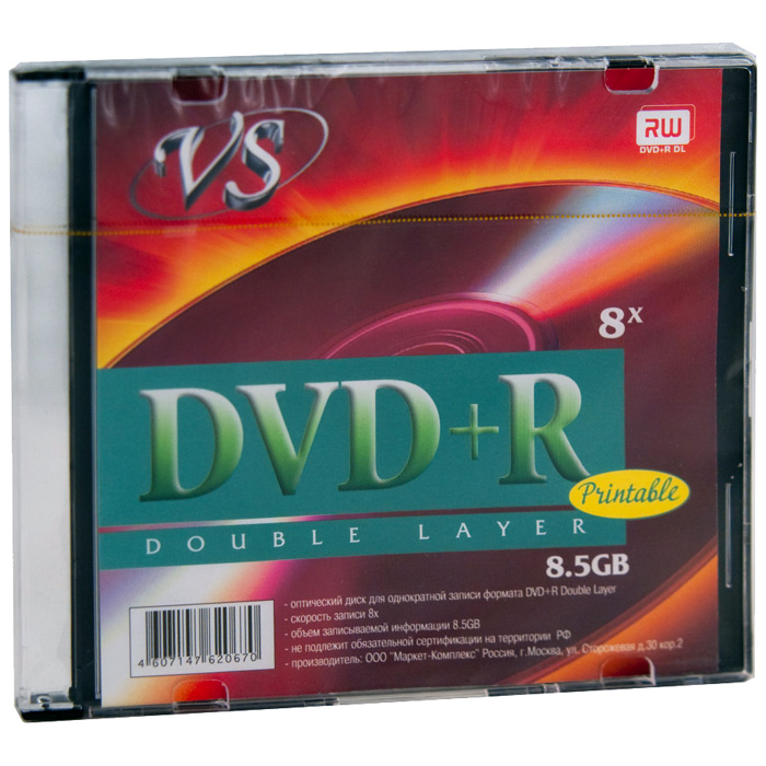 Диск VS DVD+R, 8.5Gb, 8x, Slim Case, 1 шт, Printable