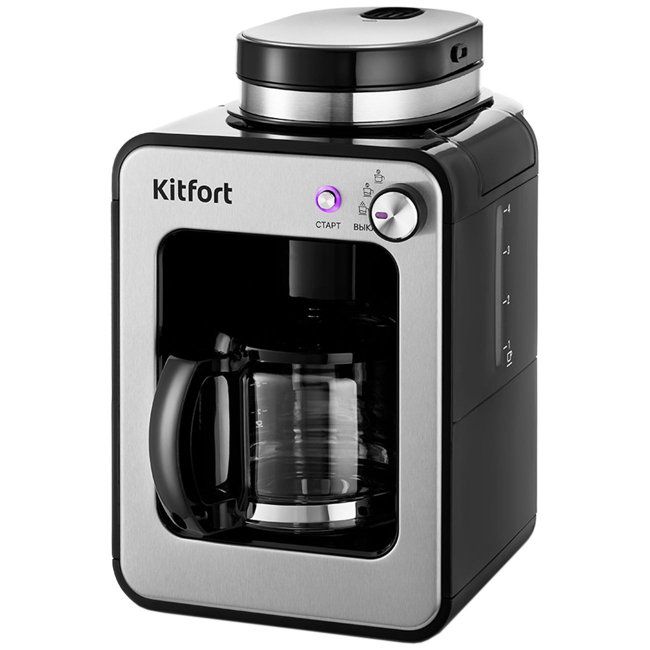 Кофеварка капельная Kitfort КТ-777, 600 Вт, кофе молотый / зерновой, 480 мл/480 мл, нержавеющая сталь/черный