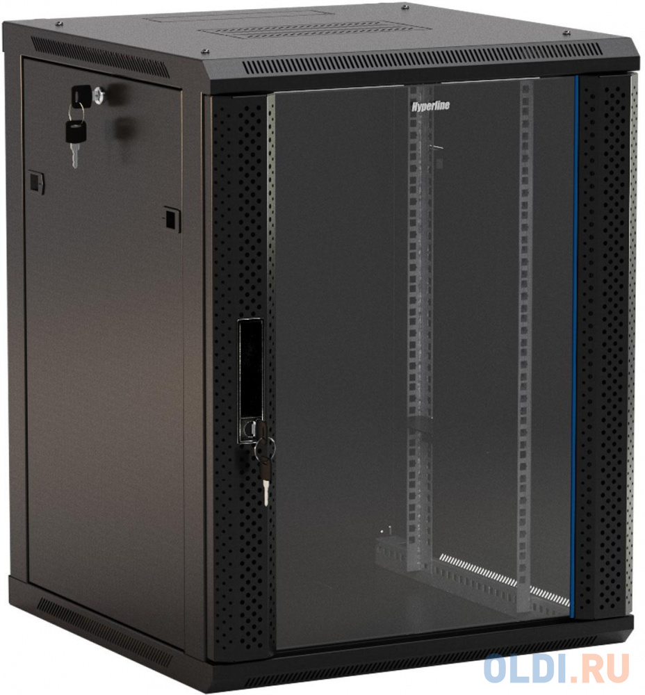 Hyperline TWB-0666-GP-RAL9004 Шкаф настенный 19-дюймовый (19"), 6U, 367x 600х 600мм, стеклянная дверь с перфорацией по бокам, ручка с замком, цве