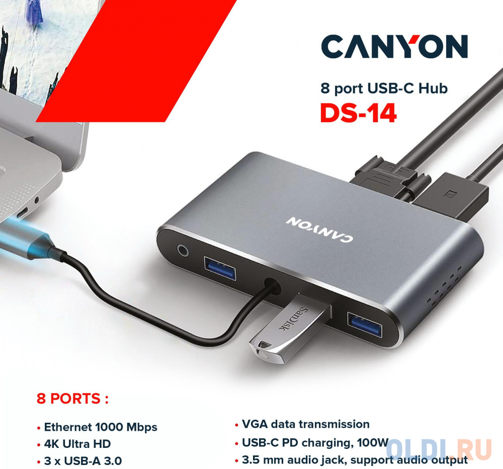 Концентратор USB Type-C Canyon CNS-TDS14 3 х USB 3.0 RJ-45 HDMI USB Type-C VGA mini-Jack3.5 серый