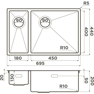 Кухонная мойка Omoikiri Taki 69-2-U/IF-GB-R Side графит (4993183) в Москвe