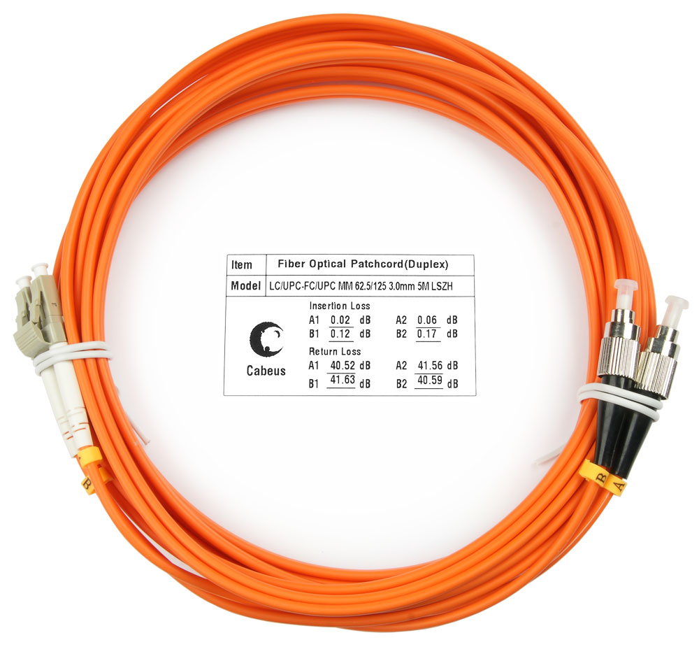 Патч-корд оптический Cabeus FOP-62-LC-FC-5m, LC/UPC-FC/UPC, многомодовый, 62.5/125, OM1, двойной, 5 м, LSZH, оранжевый (FOP-62-LC-FC-5m)