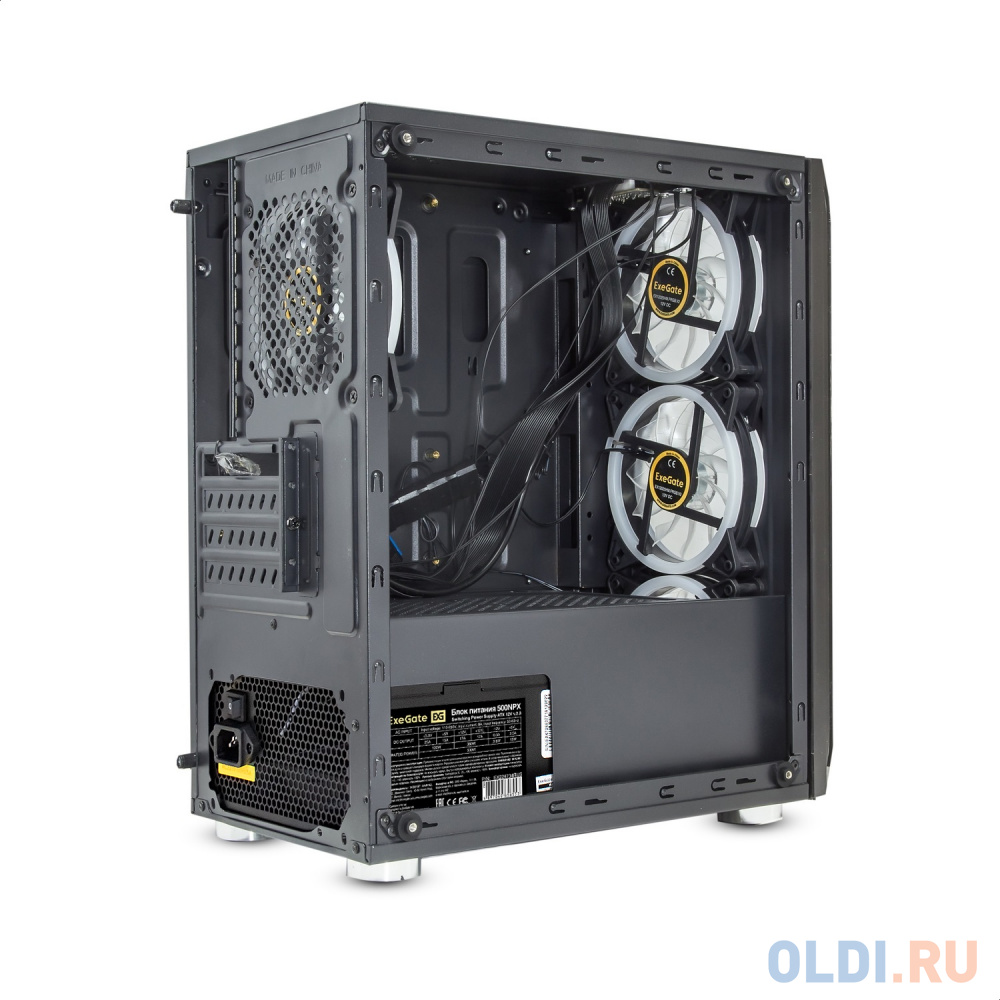 Корпус Minitower ExeGate Mistery R3-NPX500 (mATX, БП 500NPX с вент. 12 см, 2*USB+1*USB3.0, аудио, черный, 4 вент. 12см с RGB подсветкой, боковая панел