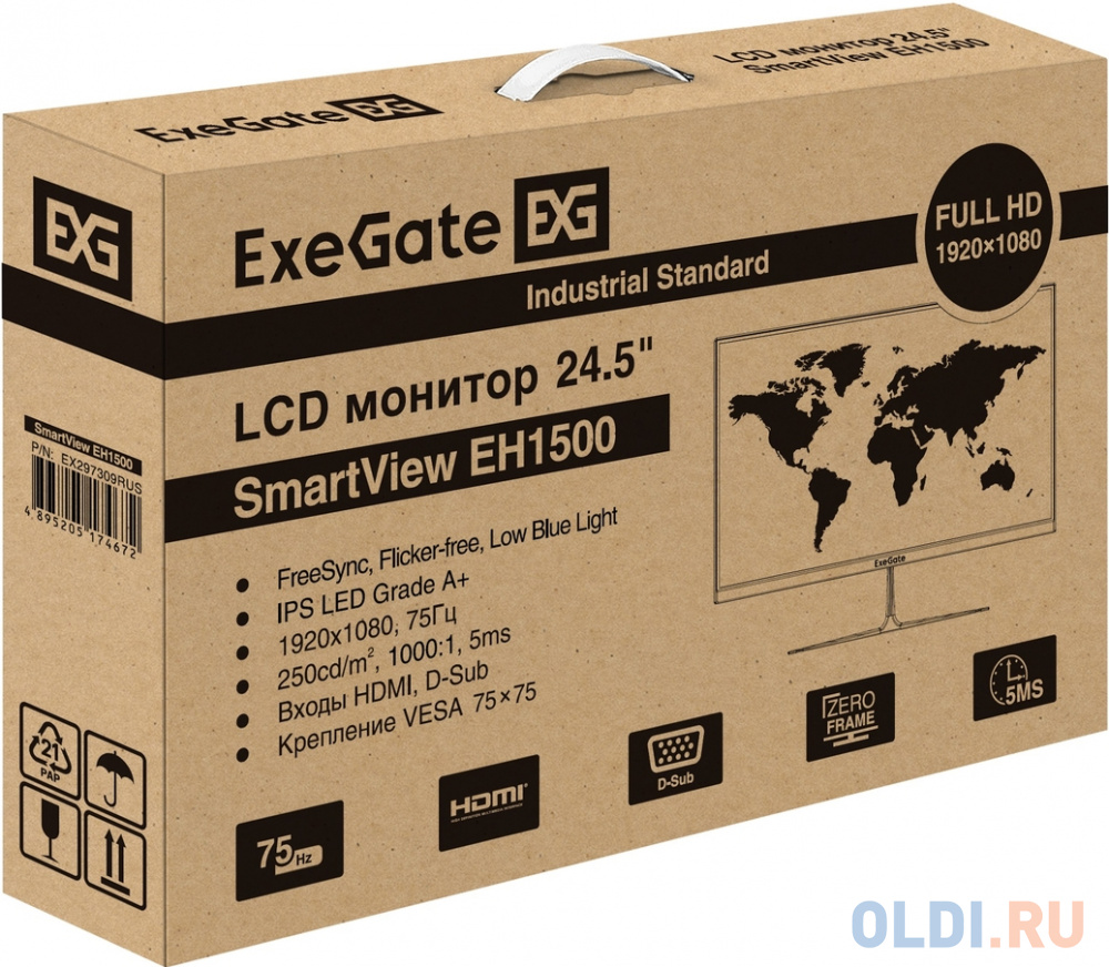 LCD ExeGate 24.5" EH1500A SmartView черный {IPS 1920x1080 75Hz 5ms 250cd 1000:1 178/178 D-Sub HDMI} [EX297309RUS] в Москвe