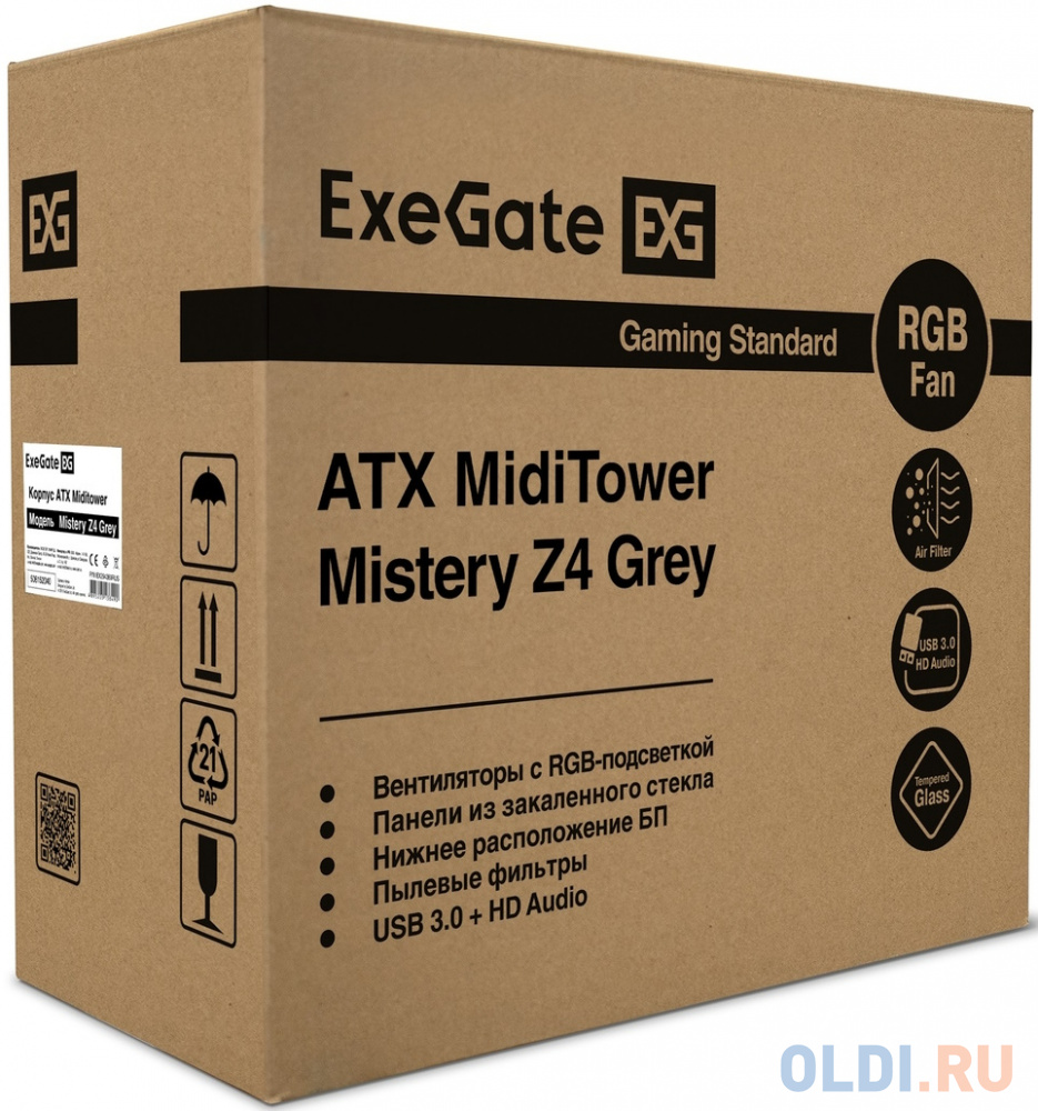 Корпус Miditower ExeGate Mistery Z4-NPX600 White (ATX, БП 600NPX с вент. 12см, 2*USB+1*USB3.0, HD аудио, белый, вент. 12 см с RGB подсветкой, пылевые