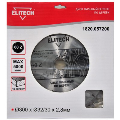 Пильный диск ELITECH, ⌀30 см x 3.2 см по дереву, аккуратный рез, 60T, 1 шт. (1820.057200)