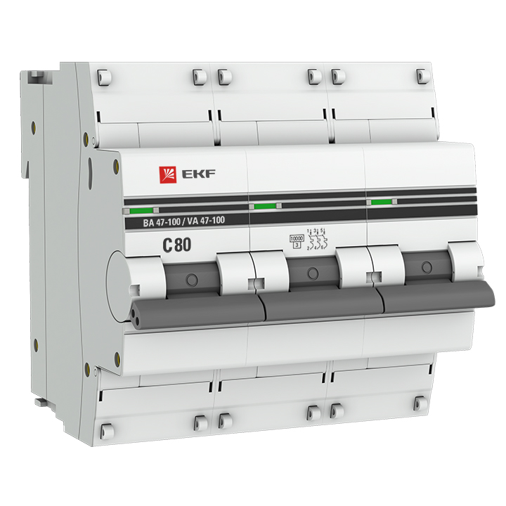 Выключатель автоматический EKF ВА 47-100 PROxima трехполюсный (3P/3П) 80A C 10кА (mcb47100-3-80C-pro)