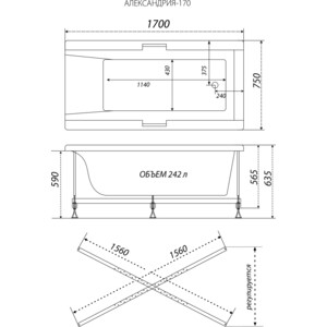 Акриловая ванна Triton Алекса 160x75 с ножками (Щ0000049163, Щ0000029976)